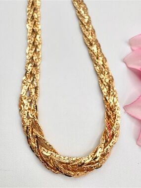 Vintage Braided Herringbone Necklace Shiny Gold Tone 24” Layering Chic Luxe 80s